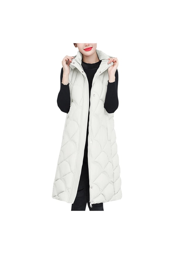 Women's Long Sleeveless Puffer Vest with Hood Fall Winter Lightweight Warm Quilted Jackets Button Zip Down Coat White