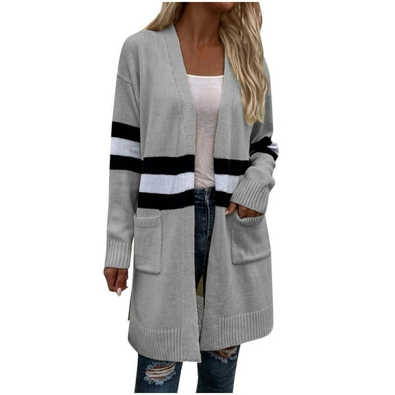 ZQUUVOU Women's Long Sweater Coat Cardigan Winter Striped Casual Long Sleeve Pocket Cardigan Blouse Tops Gray