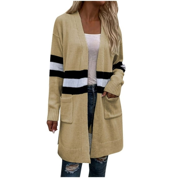 ZQUUVOU Women's Long Sweater Coat Cardigan Winter Striped Casual Long Sleeve Pocket Cardigan Blouse Tops Khaki