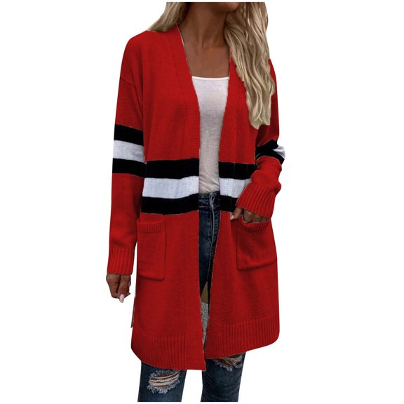 ZQUUVOU Women's Long Sweater Coat Cardigan Winter Striped Casual Long Sleeve Pocket Cardigan Blouse Tops Red