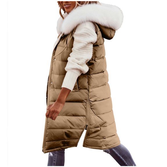ZQUUVOU Women's Long Zip Up Vest Winter Warm Sleeveless Padded Coat with Pockets Faux Fur Trim Hooded Jacket Khaki