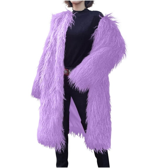 ZQUUVOU Women's Longline Faux Fur Coat Extended Length Solid Color Oversized Warmth Elegant Winter Plush Fuzzy Coat Purple