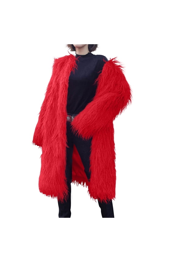 Women's Longline Faux Fur Coat Extended Length Solid Color Oversized Warmth Elegant Winter Plush Fuzzy Coat Red
