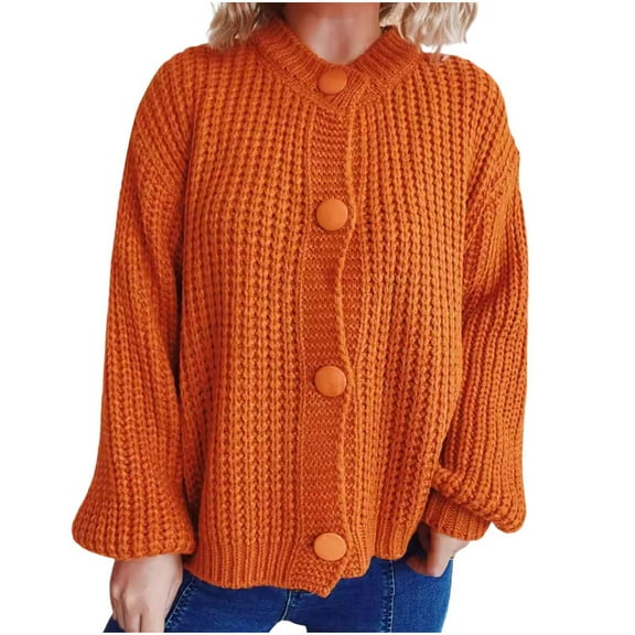 ZQUUVOU Women's Loose Casual Solid Color Long Sleeve Knitted Sweater Cardigan (Orange,M)