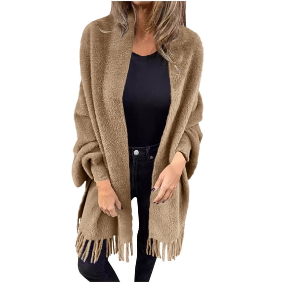 Zwiiyzr Women's Loose Casual Solid Color Shawl Jacket with Plush Tassel For And Winter Cardigan (Khaki,S)