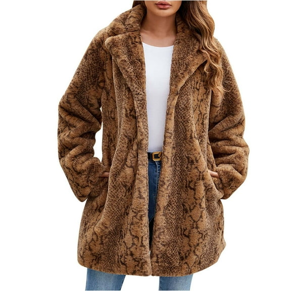 ZQUUVOU Women's Loose Faux Fur Jacket Mid Length Lapel Fluffy Inner Lining Coat with Pocket Winter Warm Outerwear Brown