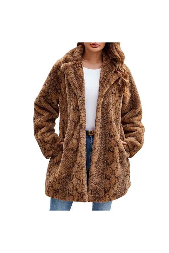 Women's Loose Faux Fur Jacket Mid Length Lapel Fluffy Inner Lining Coat with Pocket Winter Warm Outerwear Brown