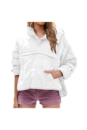Women's Loose Hooded Down Jacket Cropped Quilted Lightweight Padding Long Sleeve Pullover Warm Winter Coat with Pocket White