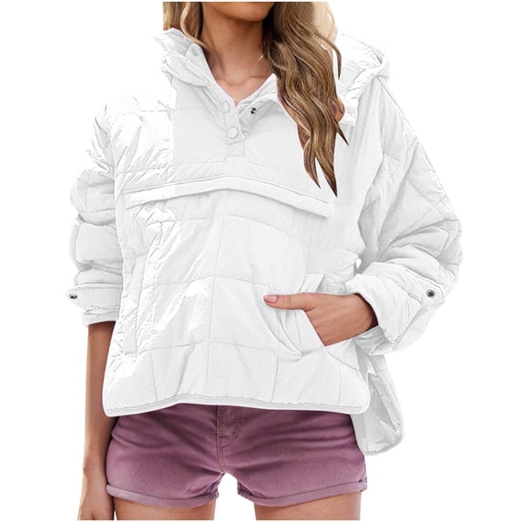 ZQUUVOU Women's Loose Hooded Down Jacket Cropped Quilted Lightweight Padding Long Sleeve Pullover Warm Winter Coat with Pocket White