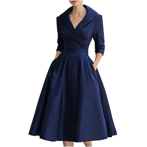 ZQUUVOU Women's Maxi Blouse Dress Tailored Elegant V Neck Shirt Dress Long Sleeve Collared Casual Cocktail Dresses Blue