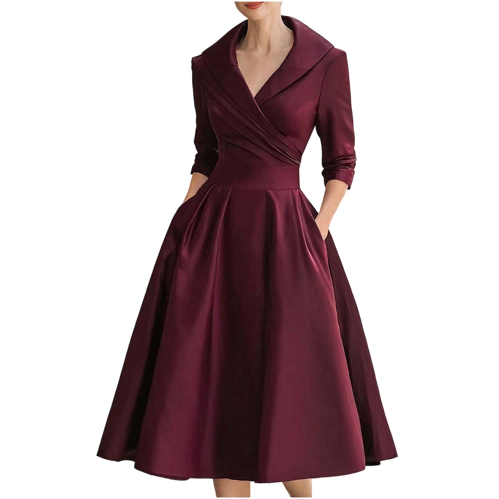 ZQUUVOU Women's Maxi Blouse Dress Tailored Elegant V Neck Shirt Dress Long  Sleeve Collared Casual Cocktail Dresses Burgundy - Walmart.com