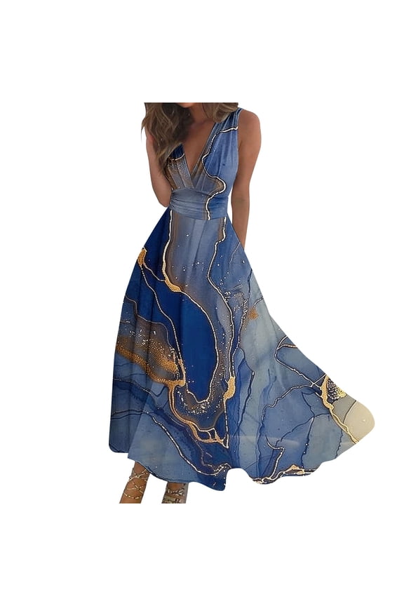Women's Maxi Dress Casual Boho Print Spring Summer Sundress V Neck Sleeveless Formal Evening Gown for Prom Blue