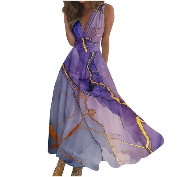 ZQUUVOU Women's Maxi Dress Casual Boho Print Spring Summer Sundress V Neck Sleeveless Formal Evening Gown for Prom Purple