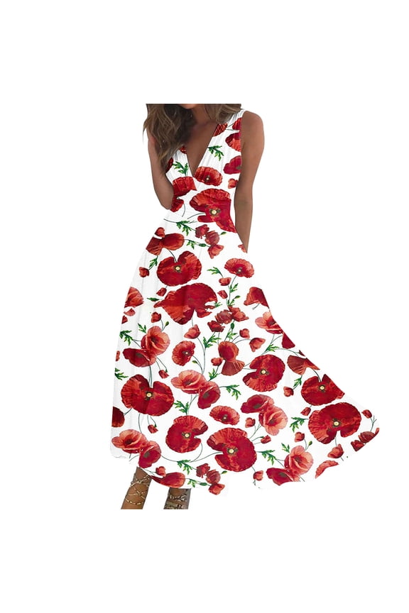 Women's Maxi Dress Casual Boho Print Spring Summer Sundress V Neck Sleeveless Formal Evening Gown for Prom Red