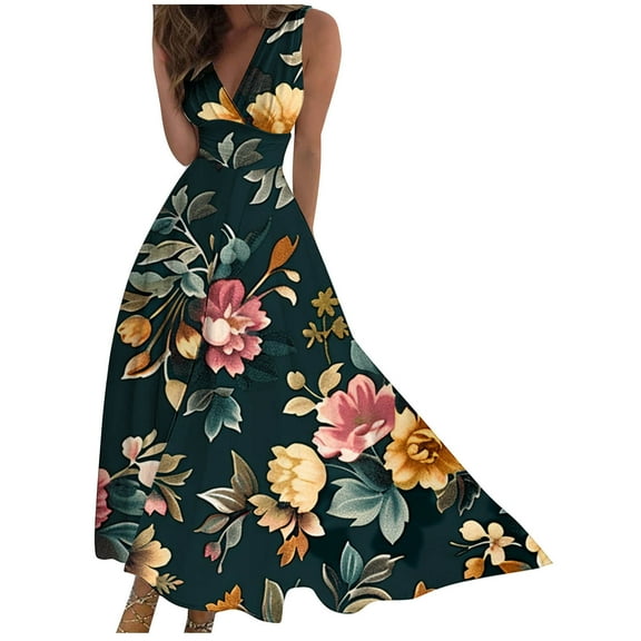 ZQUUVOU Women's Maxi Dress Floral Print Sleeveless V Neck Long Dress Spring Summer Casual Holiday Dress Sundress Black