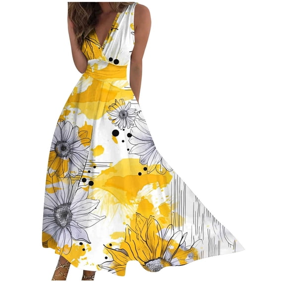 ZQUUVOU Women's Maxi Dress Floral Print Sleeveless V Neck Long Dress Spring Summer Casual Holiday Dress Sundress Yellow
