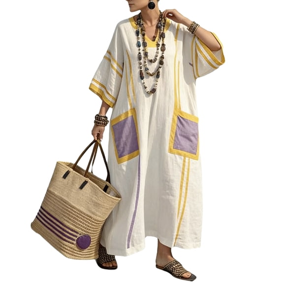 ZQUUVOU Women's Maxi Dresses V Neck 3/4 Batwing Sleeve Kaftan Caftan Dress with Pockets Casual Summer Sundress Beach Cover Up Yellow