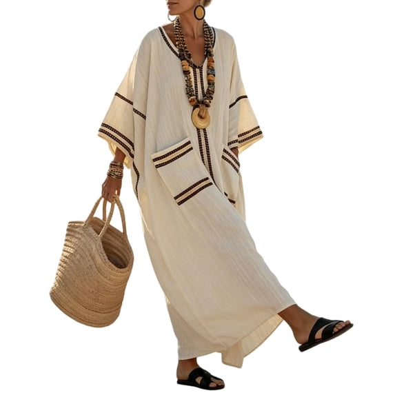 ZQUUVOU Women's Maxi Dresses V Neck 3/4 Batwing Sleeve Kaftan Caftan Dress with Pockets Casual Summer Sundress Beach Cover Up Yellow