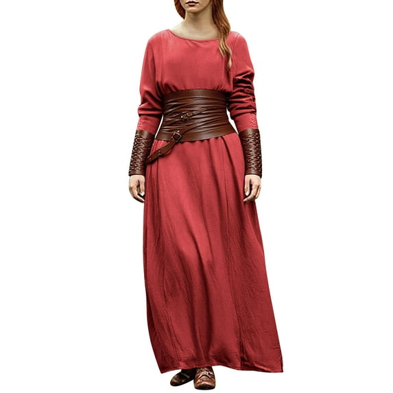 ZQUUVOU Women's Medieval Dress Solid Long Sleeve Round Neck Maxi Length Vintage Elegant Party Gown Theme Outfits Red