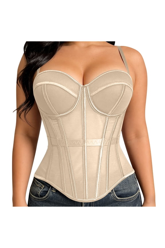 Women's Mesh Boned Corset Top with Pads Waist Cincher Tummy Control Shapewear Outerwear Camisole Bustier Beige