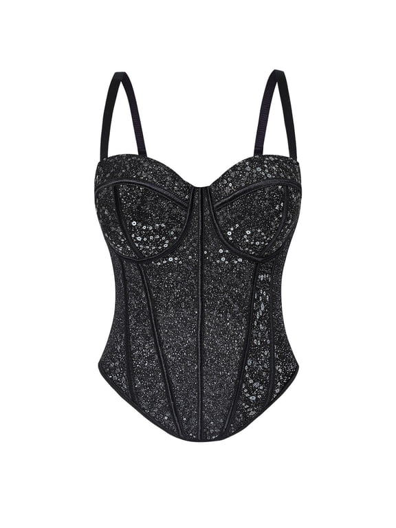 Women's Mesh Bustier Corset Spaghetti Strap Crop Top Underbust Night Out Underwire Bustier Corset Top Camisole Black