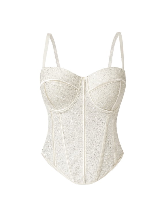 Women's Mesh Bustier Corset Spaghetti Strap Crop Top Underbust Night Out Underwire Bustier Corset Top Camisole White