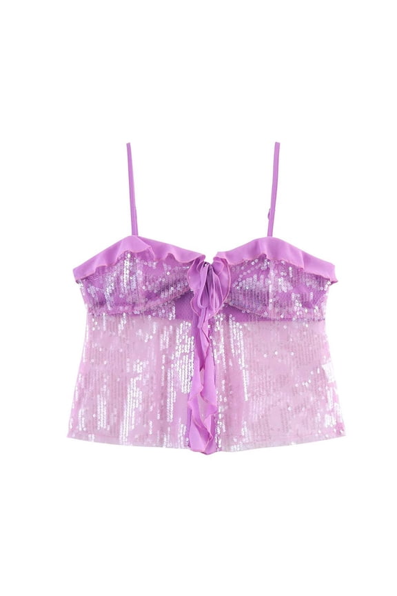 Women's Metallic Sequin Camisole V Neck Slim Mesh Fashion Party Club Glitter Disco Sparkle Cami Tops Purple