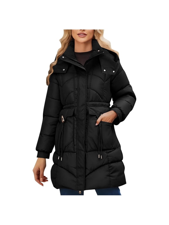 Women's Mid Length Puffer Coat Winter Fashion Casual Parkas Waist Defining Zip Front Hooded Jacket with Pockets Black