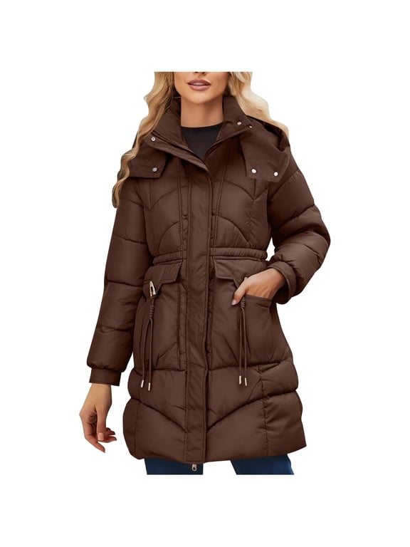 Women's Mid Length Puffer Coat Winter Fashion Casual Parkas Waist Defining Zip Front Hooded Jacket with Pockets Coffee