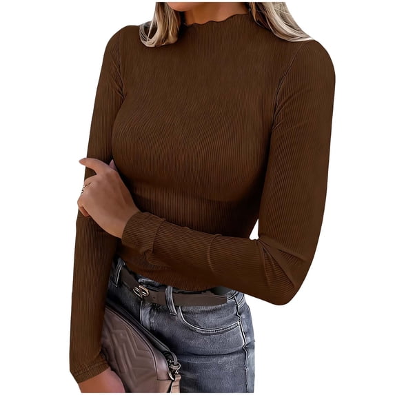 ZQUUVOU Women's Mock Neck Sweater Tops Ruffle Trim Long Sleeve Solid Color Fitted Rib Knit Stretchy Base Layer Blouse Coffee