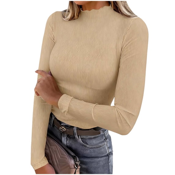 ZQUUVOU Women's Mock Neck Sweater Tops Ruffle Trim Long Sleeve Solid Color Fitted Rib Knit Stretchy Base Layer Blouse Khaki