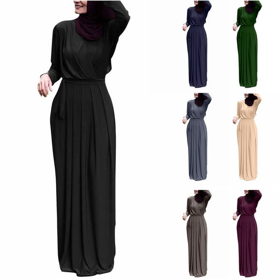 ZQUUVOU Women's Modest Abaya Gown Solid Color Long Sleeve V Neck Flowy Cocktail Elegant Evening Maxi Dresses Black