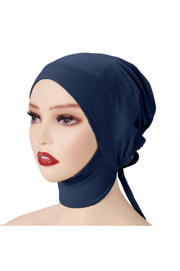 Women's Muslim Inner Hijab Caps Elasticated Neck Cap Solid Color Stretchy Breathable Full Cover Undercap Tube Bonnet Navy
