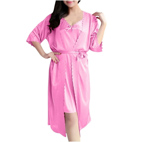 ZQUUVOU Women's Nightgown Robe Set Plus Size Lace Short Skirt Bow Ribbon Sleepwear 2 Piece Lounge Wear Set Watermelon Red