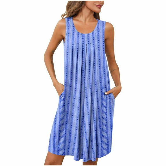 ZQUUVOU Women's Nightgown Sleeveless Cotton Sleepwear Wide Strap Sleep Shirt Pleated Scoopneck Nightshirts Blue B