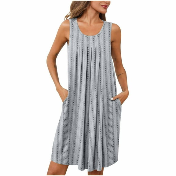 ZQUUVOU Women's Nightgown Sleeveless Cotton Sleepwear Wide Strap Sleep Shirt Pleated Scoopneck Nightshirts Gray