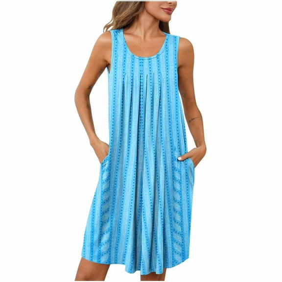 ZQUUVOU Women's Nightgown Sleeveless Cotton Sleepwear Wide Strap Sleep Shirt Pleated Scoopneck Nightshirts Sky Blue A
