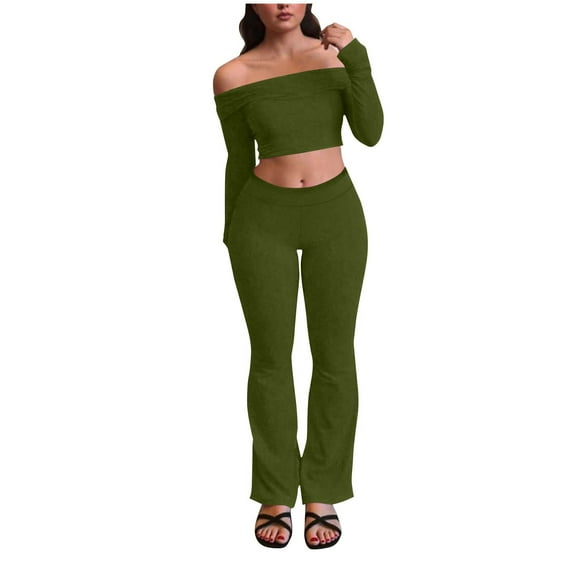 ZQUUVOU Women's Off Shoulder 2 Piece Sets Long Sleeve Cropped Tops Bodycon Flared Pant Sets Party Club Outfit Athleisure Green