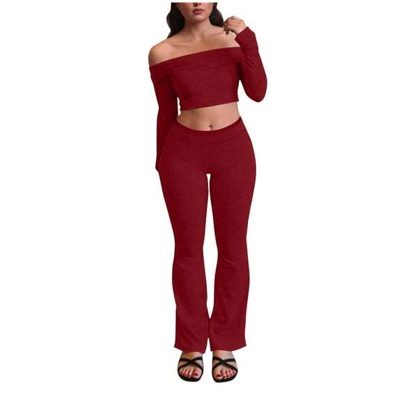 ZQUUVOU Women's Off Shoulder 2 Piece Sets Long Sleeve Cropped Tops Bodycon Flared Pant Sets Party Club Outfit Athleisure Red