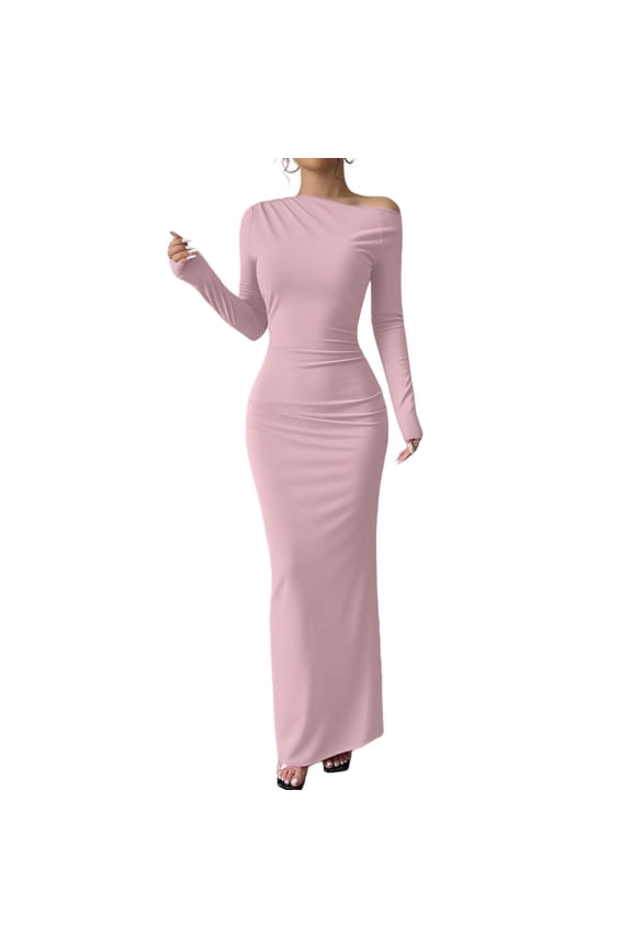 Women's Off Shoulder Dress Long Sleeve Bodycon Ruched Formal Cocktail Party Bodycon Night Out Maxi Dresses Pink