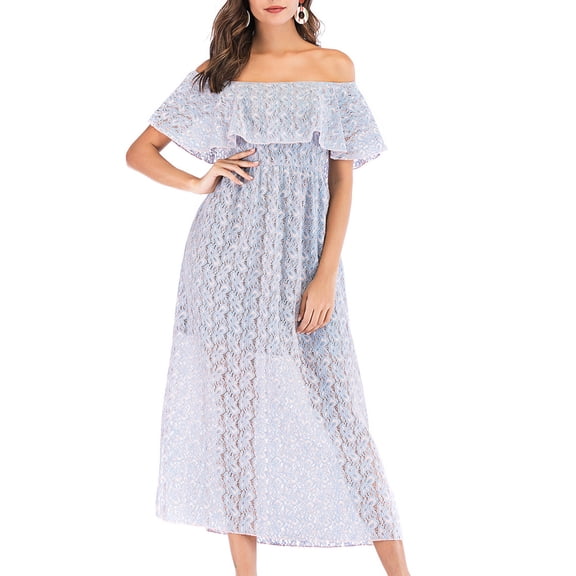 ZQUUVOU Women's Off Shoulder Ruffle Dress Short Sleeve Lace Elastic Waist Slit Hem Elegant Midi Party Gown Blue