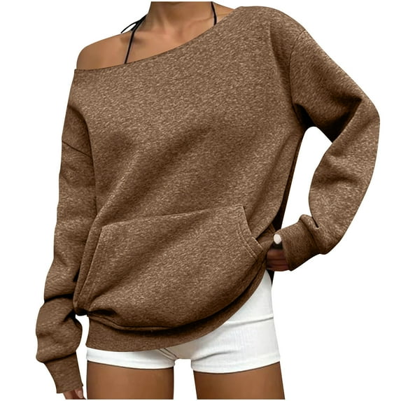 ZQUUVOU Women's Off The Shoulder Tops Fall Solid Color Cotton Sweatshirts Long Sleeved Pullover Jacket with Pocket Brown