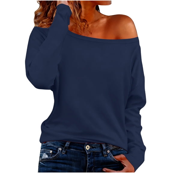 ZQUUVOU Women's Off the Shoulder Sweatshirt Long Sleeve Casual Pullover Oversized Trendy Spring Fall Outfits Blue