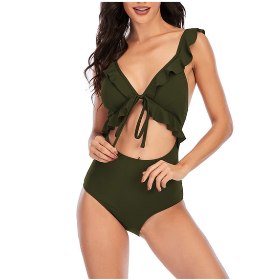 Zwiiyzr Women's One Piece Bikini Ruffle Solid Color Adjustable Backless Bikini (Olive Green,L)