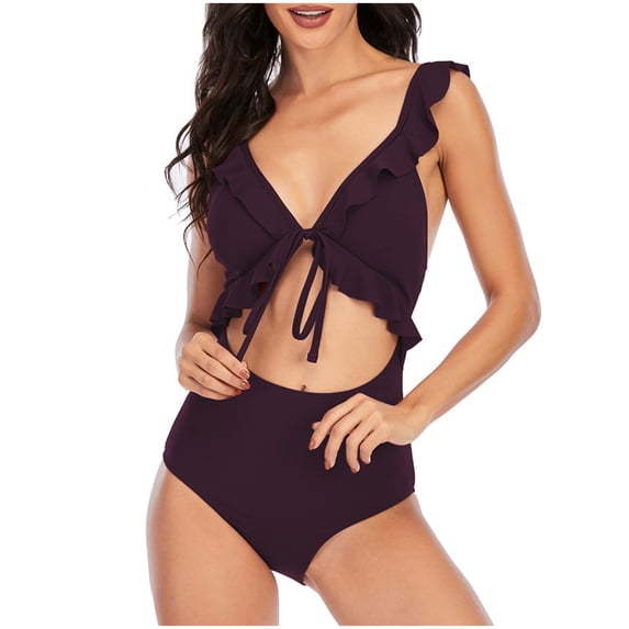 Zwiiyzr Women's One Piece Bikini Ruffle Solid Color Adjustable Backless Bikini (Purple,M)