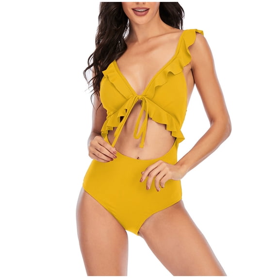 Zwiiyzr Women's One Piece Bikini Ruffle Solid Color Adjustable Backless Bikini (Yellow,XL)