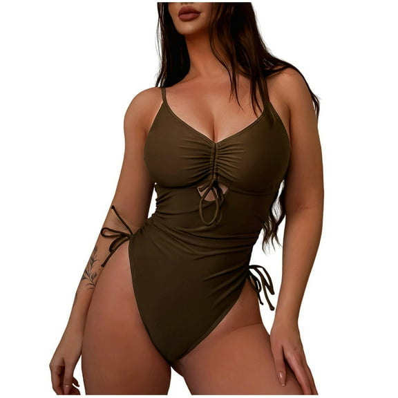 ZQUUVOU Women's One Piece Bikini Solid Color Casual Backless Split Beach Swimsuit (Brown,L)
