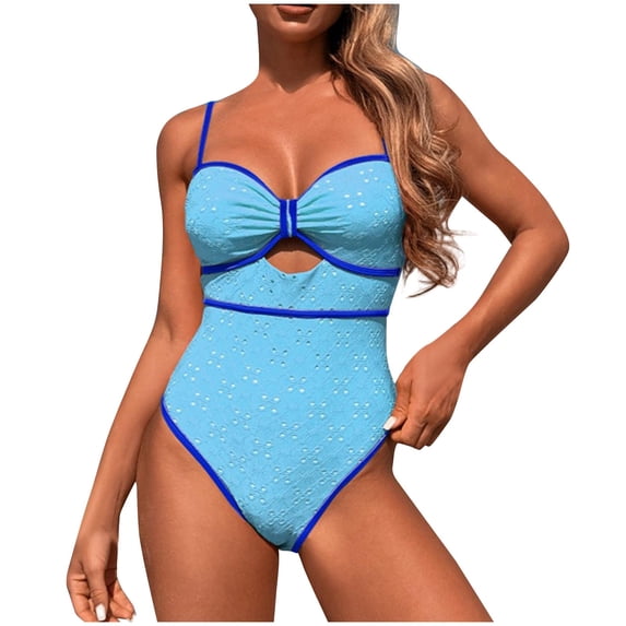 ZQUUVOU Women's One Piece Bikini Swimsuit Spaghetti Strap Cutout Bathing Suit Comfortable Color Block Tummy Control Monokini Blue