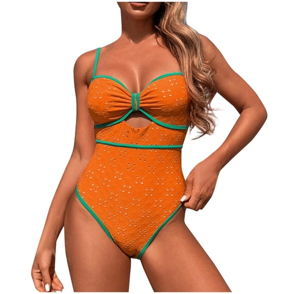 ZQUUVOU Women's One Piece Bikini Swimsuit Spaghetti Strap Cutout Bathing Suit Comfortable Color Block Tummy Control Monokini Orange