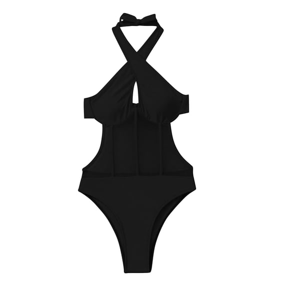 Zwiiyzr Women's One Piece Halter Bikini Set Solid Color Bikini Swimsuit (Black,L)